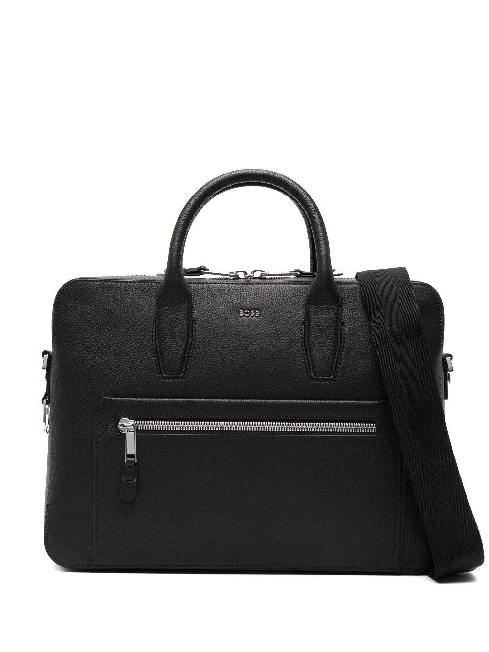 Hugo Boss Logo-plaque Leather Briefcase In 001 - Black