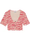 GANNI crinkled zebra-print cropped top - Red