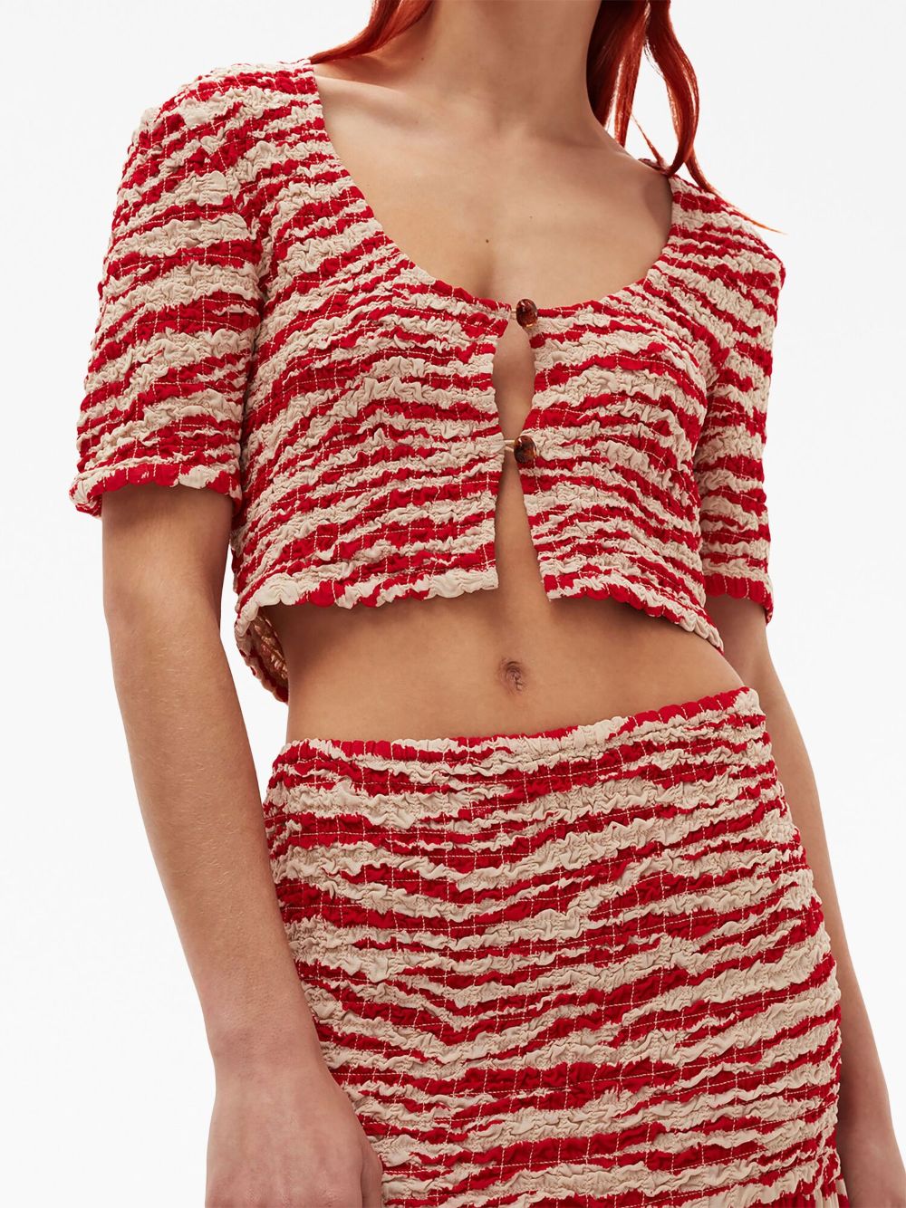 Shop Ganni Crinkled Zebra-print Cropped Top In Red