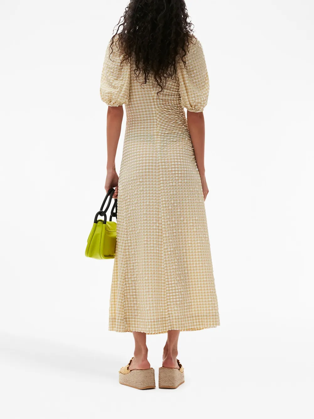 Shop Ganni Gingham-check Puff-sleeve Midi Dress In Neutrals