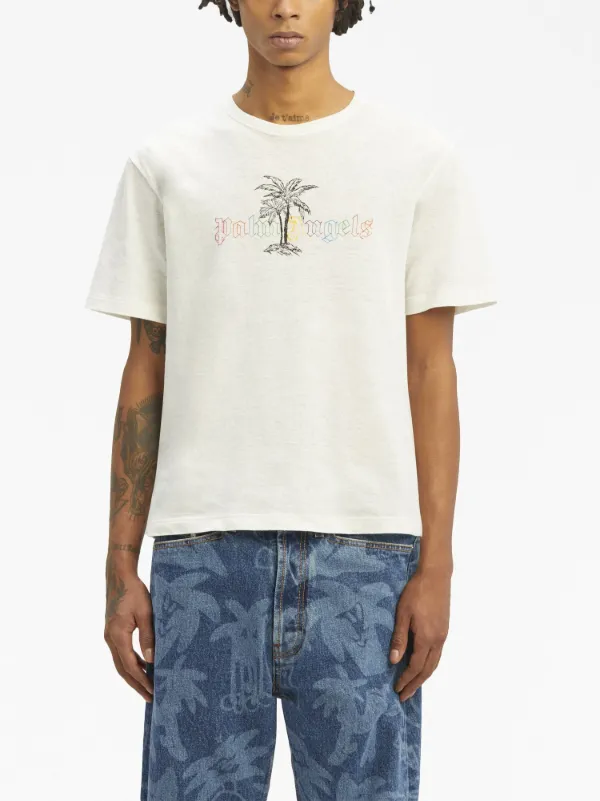 【Palm Angels】LOGO PRINT LINEN SHORT SLEEVE T SHIRT Palm Angels Linen logo t-shirt lightweight semi-sheer | The