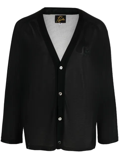 embroidered-logo semi-sheer cardigan