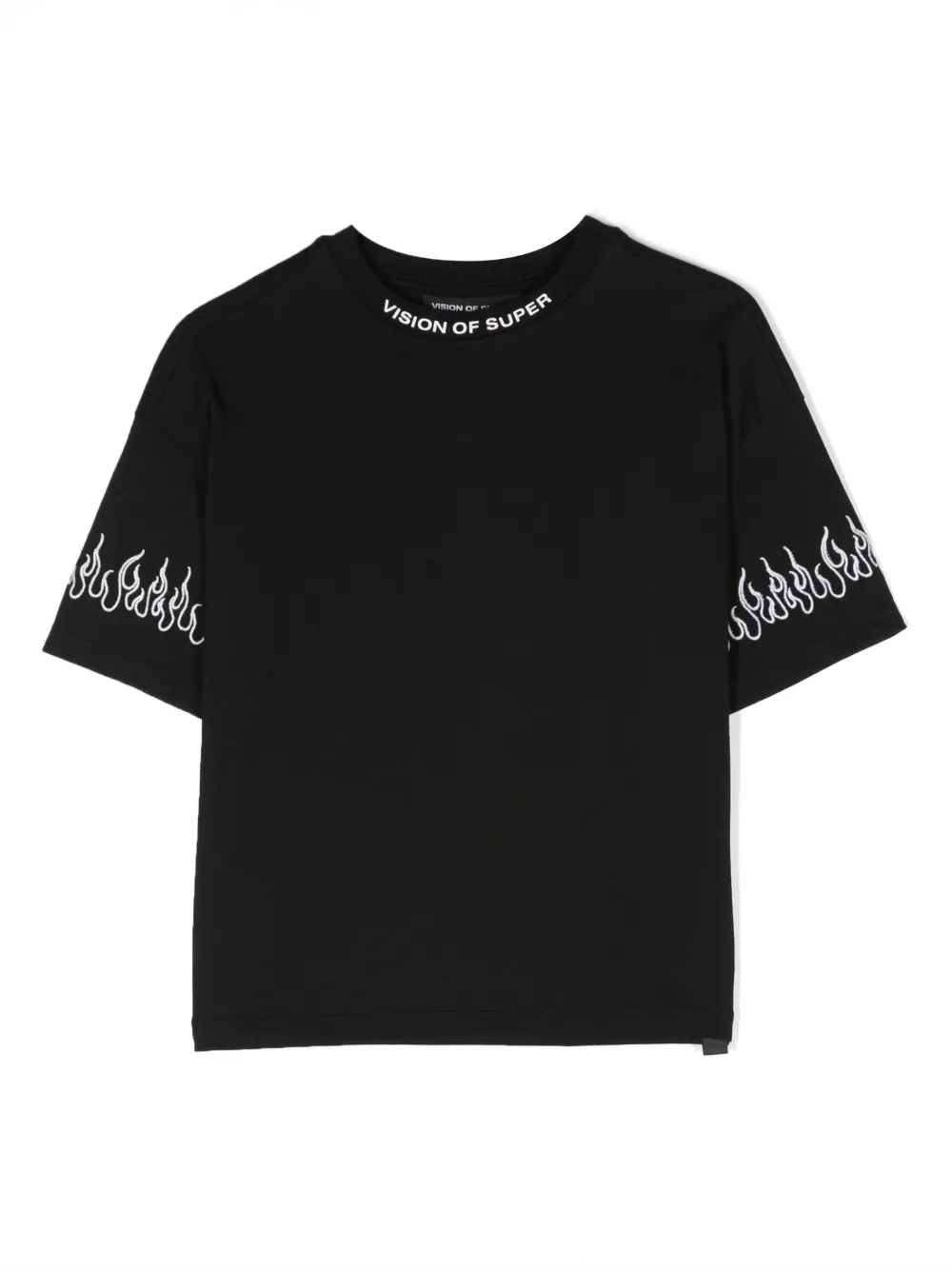 Vision Of Super Kids' Logo-neckline Flame-print T-shirt In Black