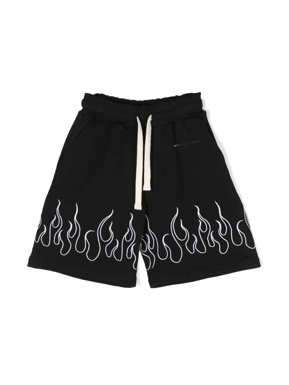 Vision Of Super Kids' Flame-embroidered Elastic-waist Shorts In Black