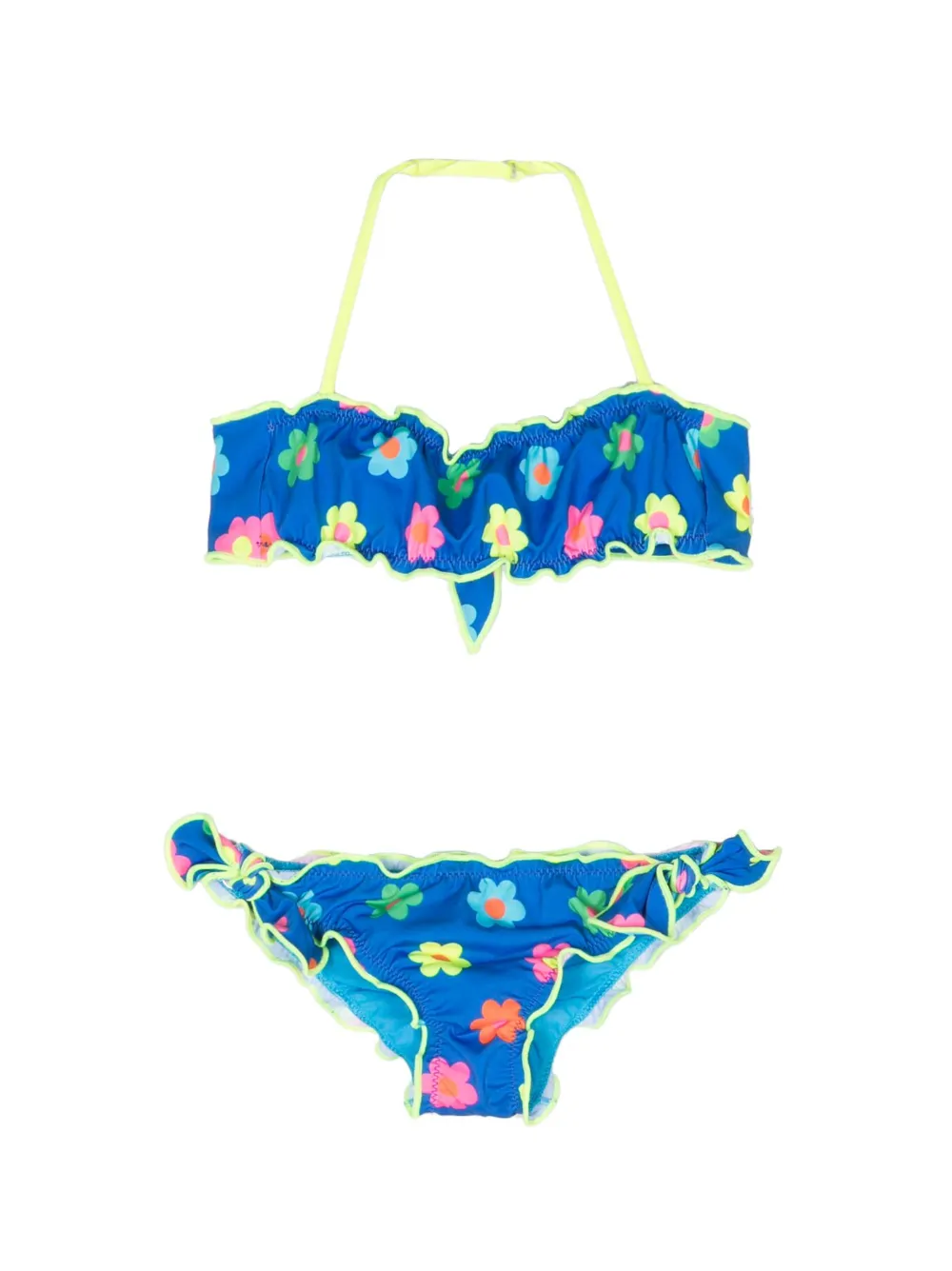Mc2 Saint Barth Kids' Floral-print Ruffled Bikini Set In Blue