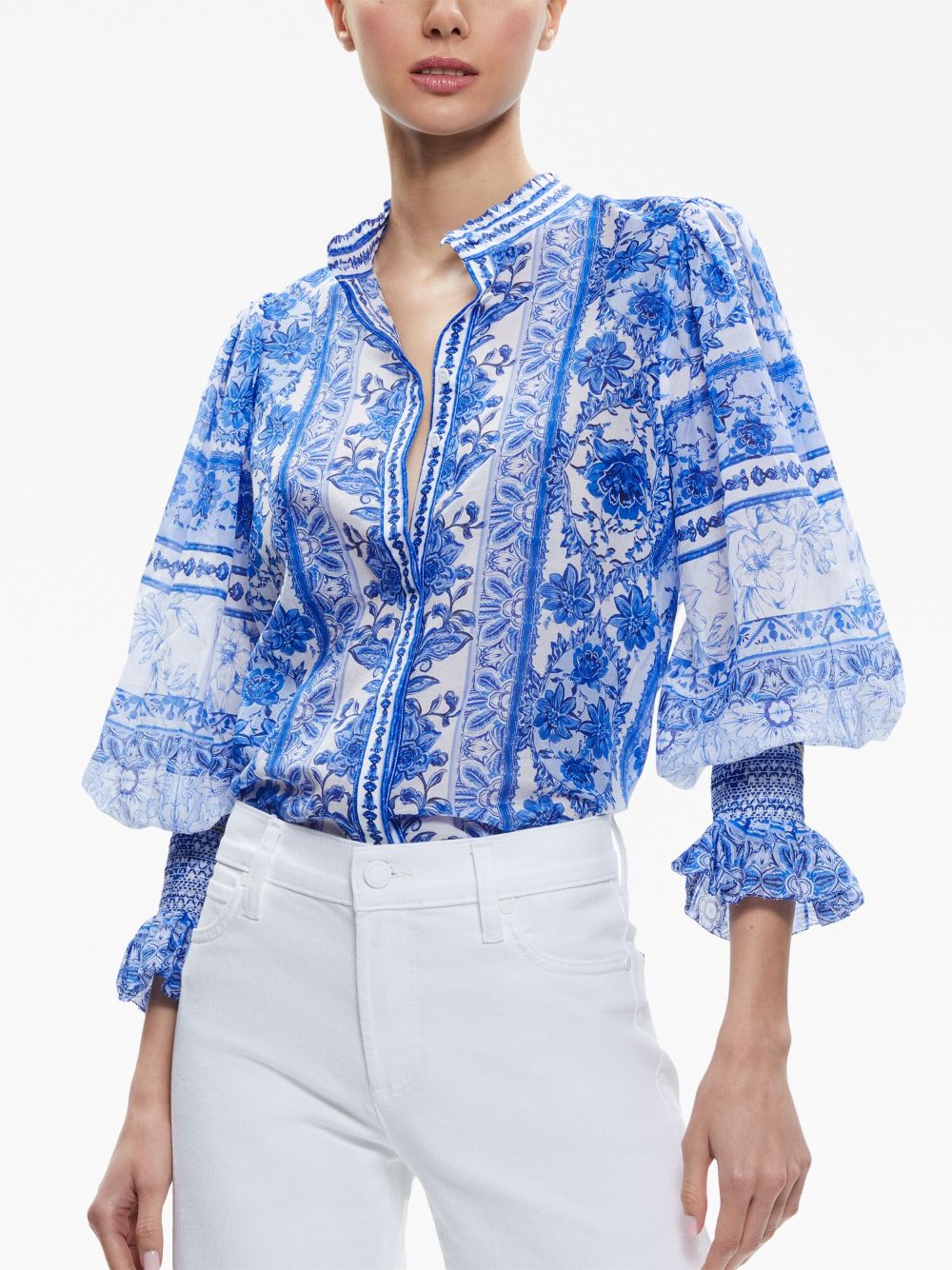 Alice Olivia Ilan Smocked Tile Print Blouse Farfetch