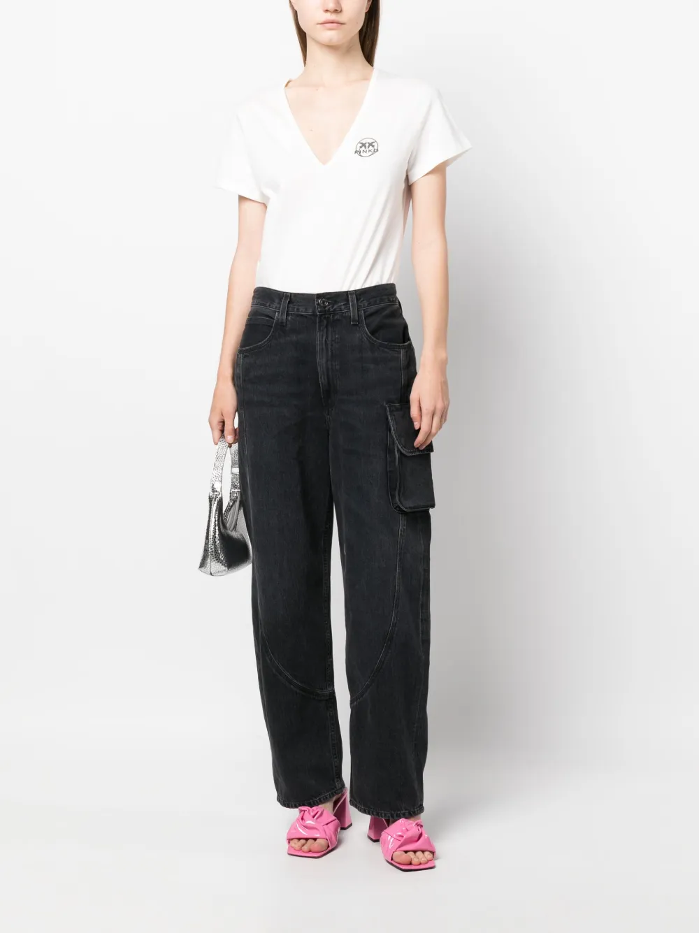 PINKO logo-print V-neck T-shirt - Wit