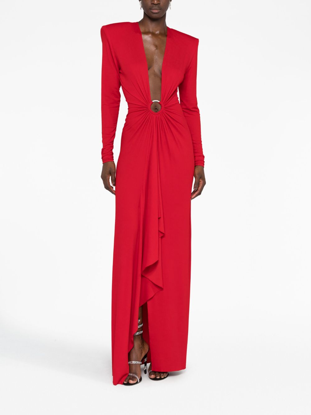 Shop Alexandre Vauthier Plunge-neck Draped Gown In Red