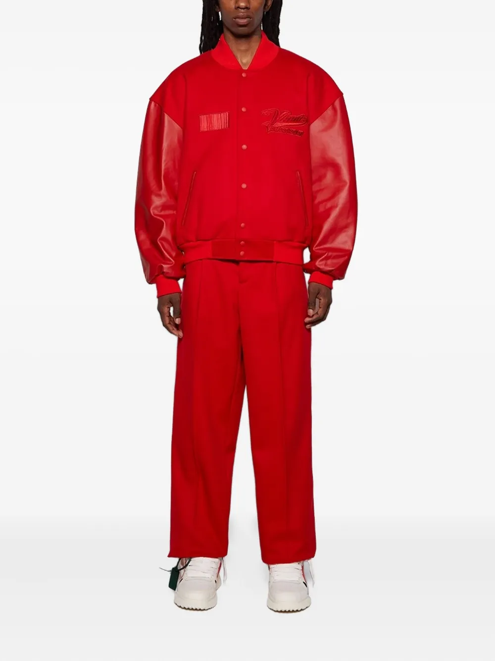 Vtmnts Leather-sleeved Embroidered Jacket In Red