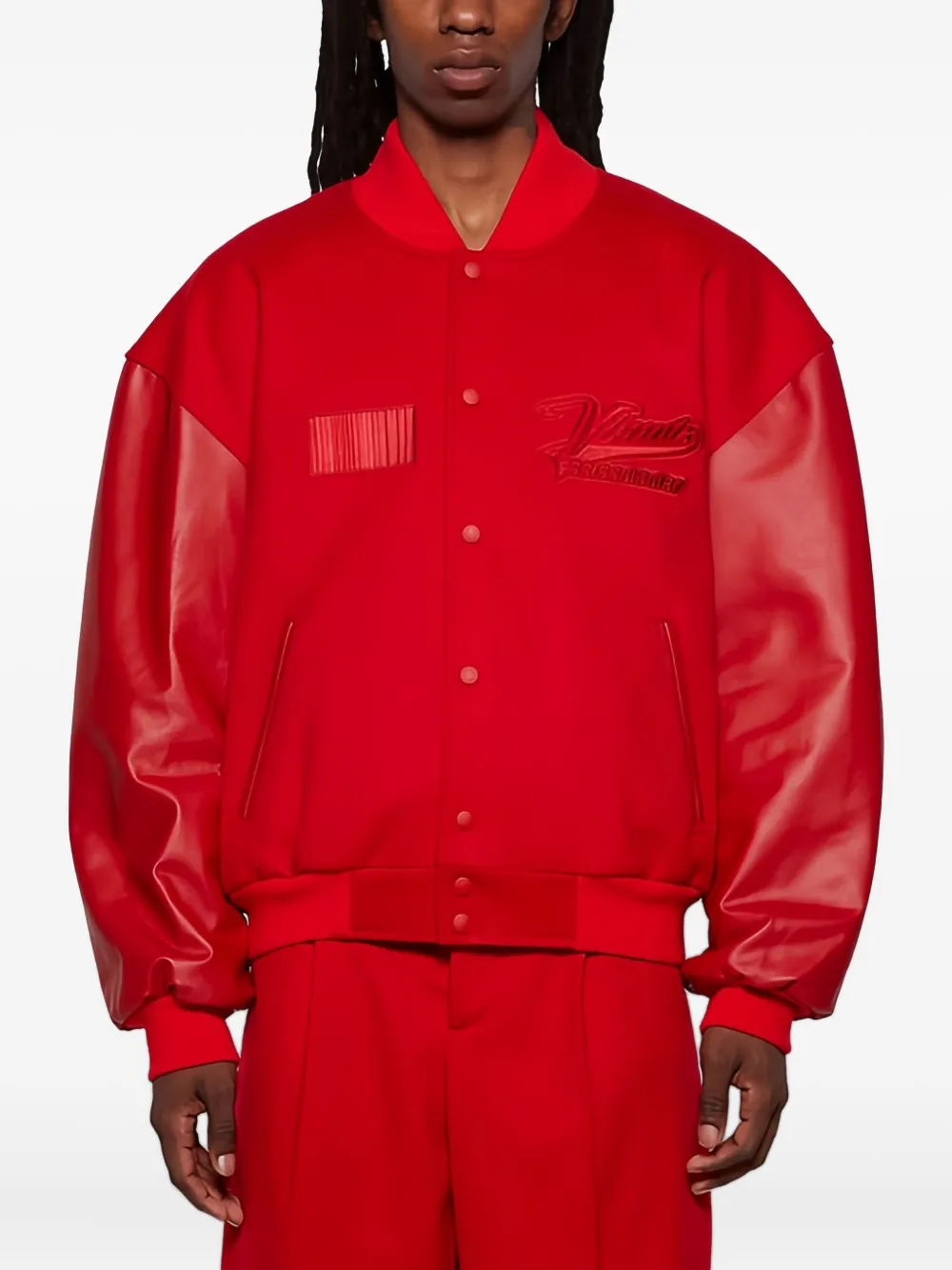 Vtmnts Leather-sleeved Embroidered Jacket In Red