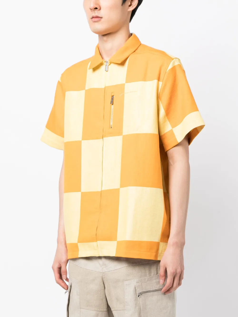 Jacquemus La Chemise Banho Check Short Sleeve Zip Overshirt In Orange