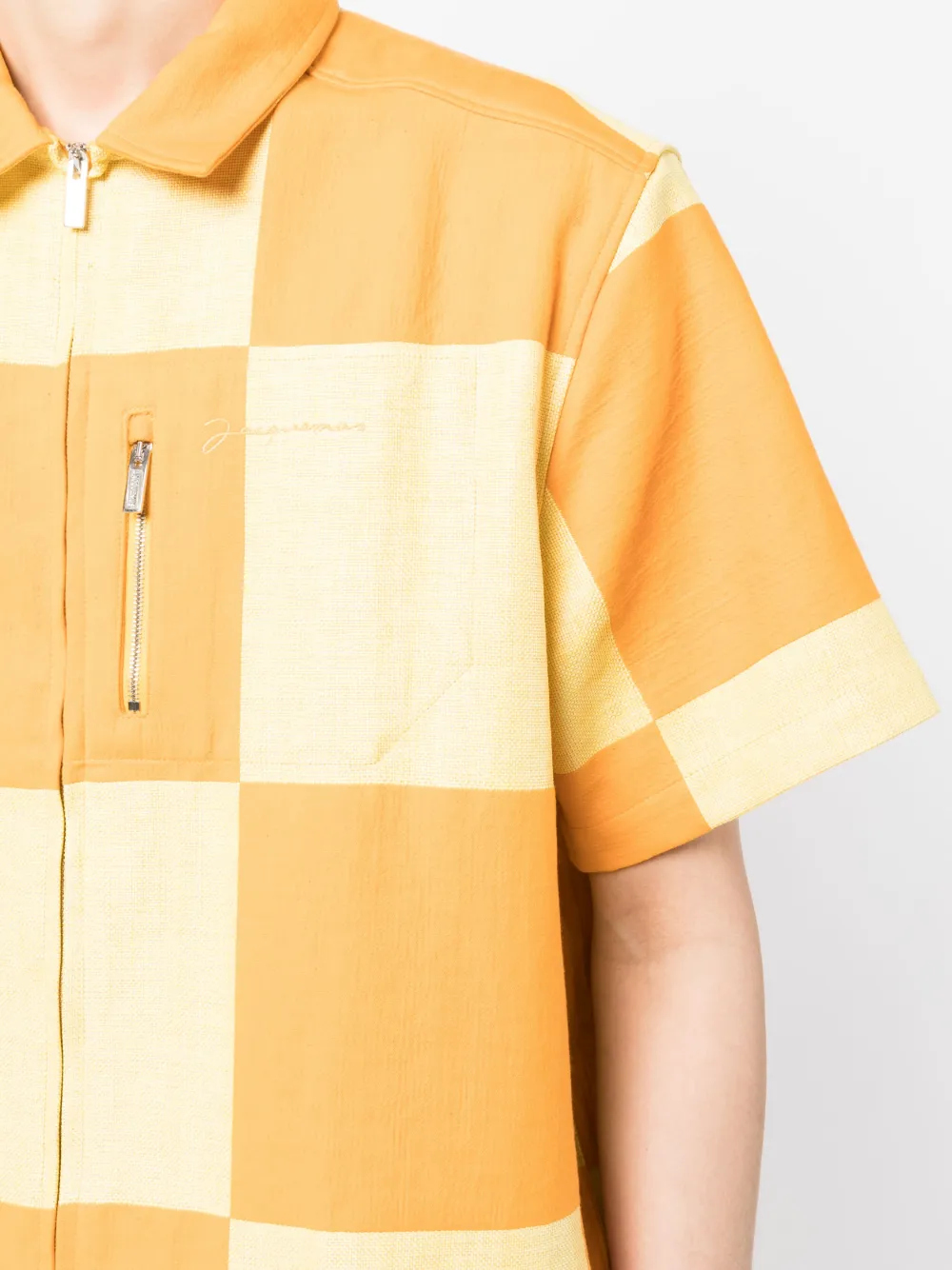 Jacquemus La Chemise Banho Check Short Sleeve Zip Overshirt In Orange