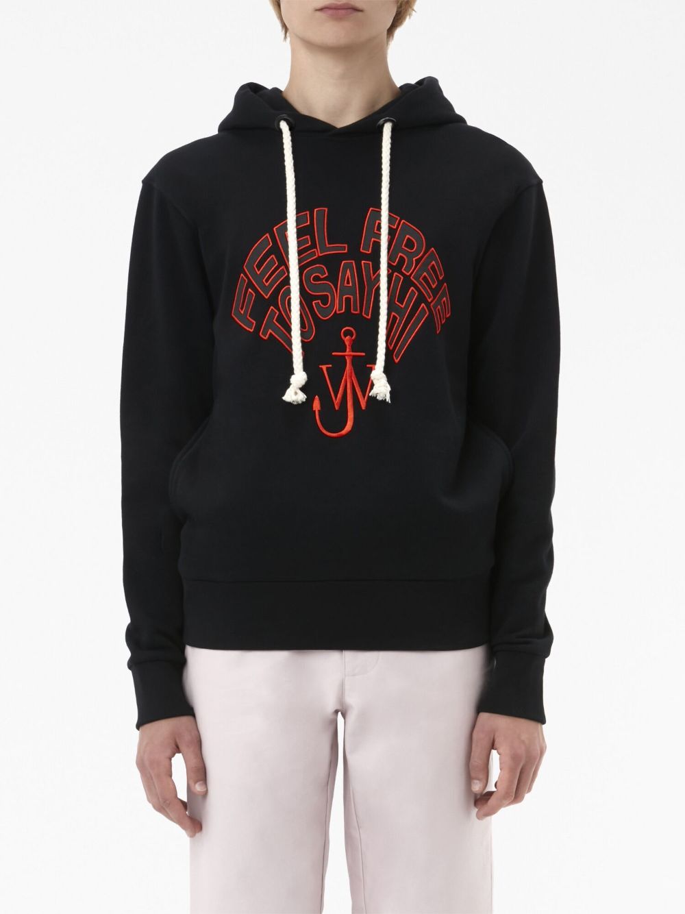 Shop Jw Anderson Slogan-embroidered Cotton Hoodie In Black