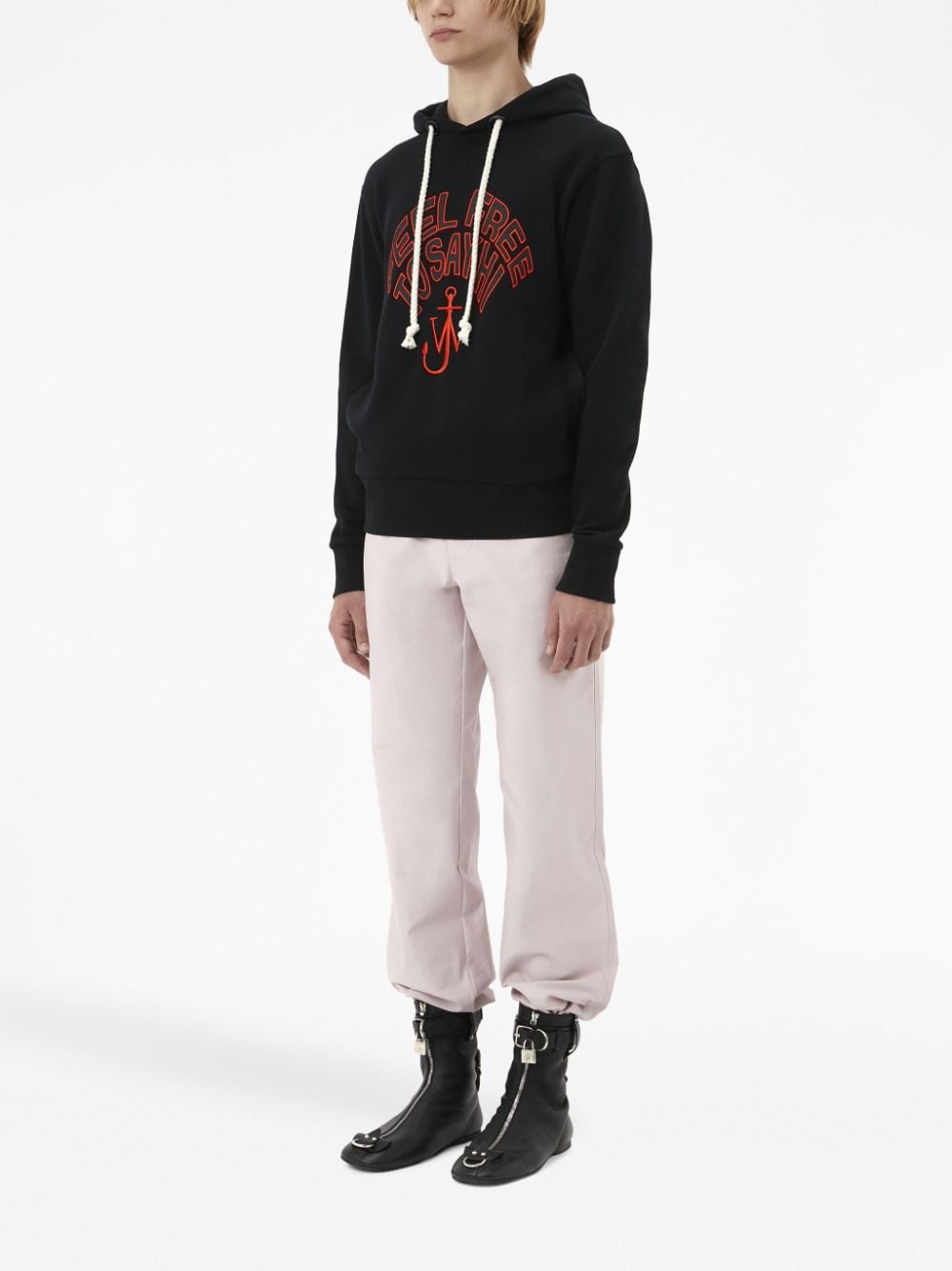Shop Jw Anderson Slogan-embroidered Cotton Hoodie In Black