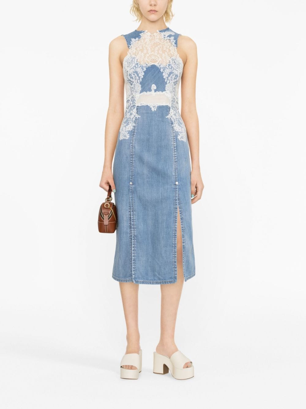 Ermanno Scervino lace-panel denim midi dress - Wit