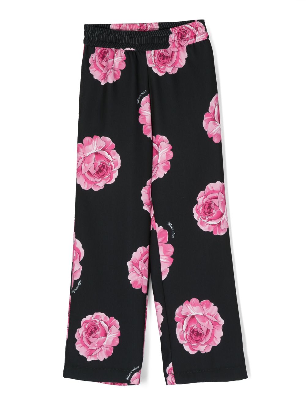 Monnalisa Kids' Rose-print Straight-leg Trousers In Black
