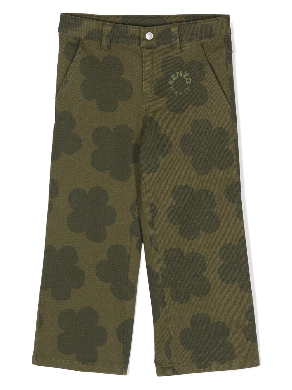 Kenzo Kids' Floral-print Wide-leg Trousers In Green