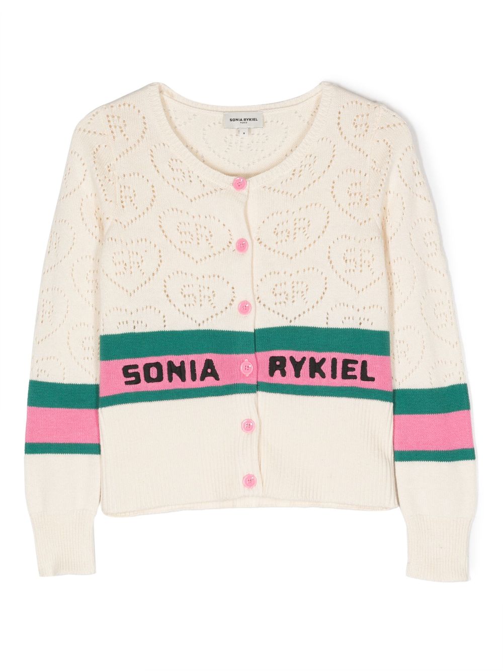 SONIA RYKIEL ENFANT pointelle-logo striped cardigan - Neutrals