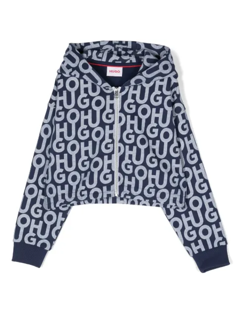 HUGO KIDS logo-printed zip-up hoodie