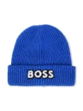 BOSS Kidswear logo-patch ribbed-knit beanie - Blue