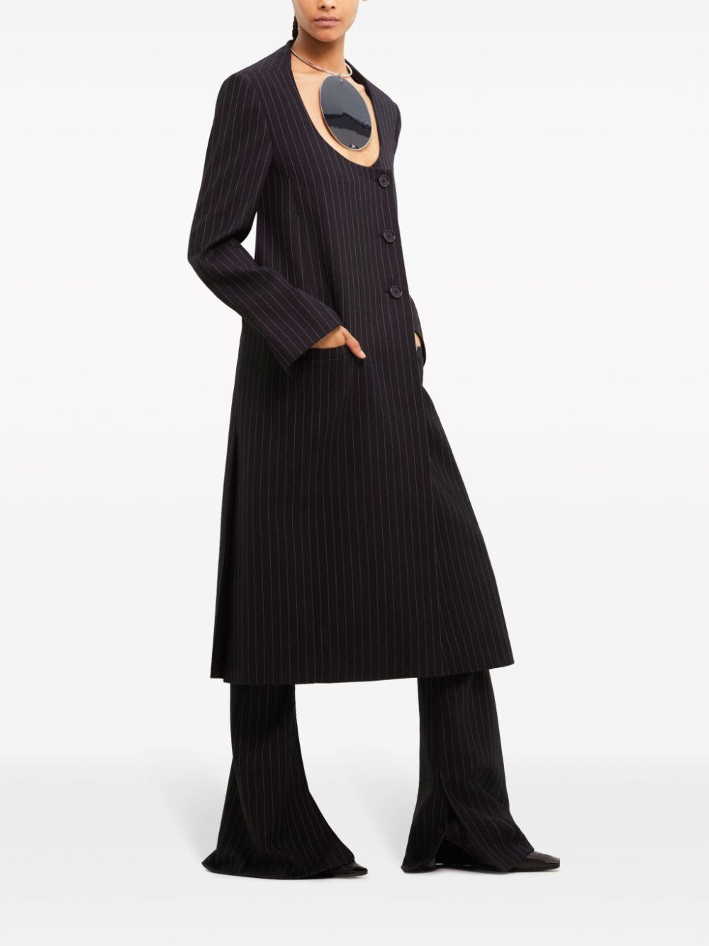 Shop Courrèges Pinstriped Virgin Wool Single-breasted Coat In Black