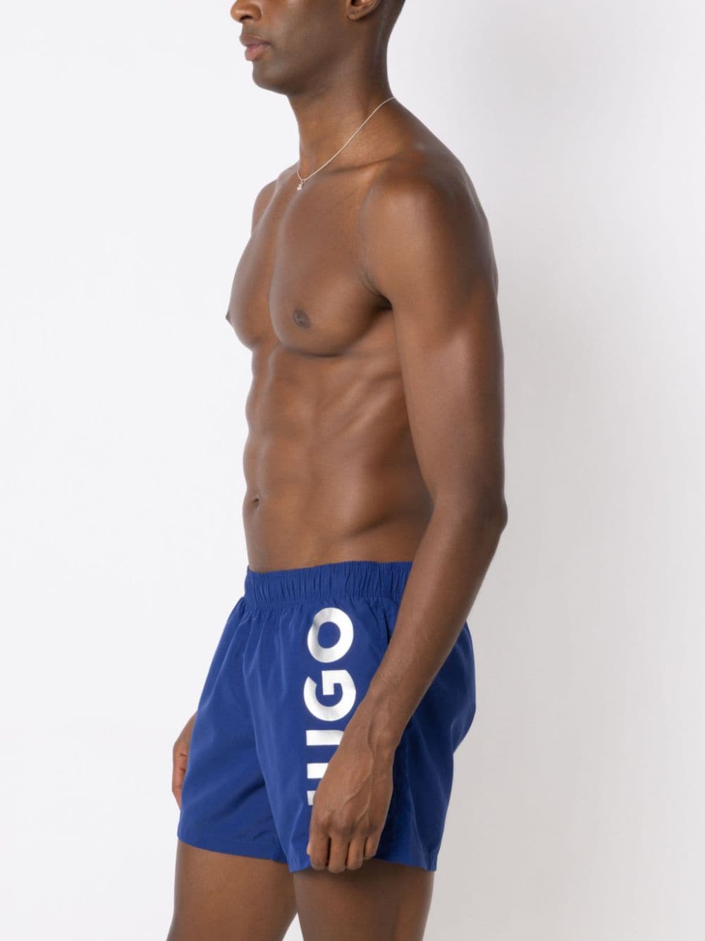 Shop Hugo Abas Metallic Logo-print Swim Shorts In Blue