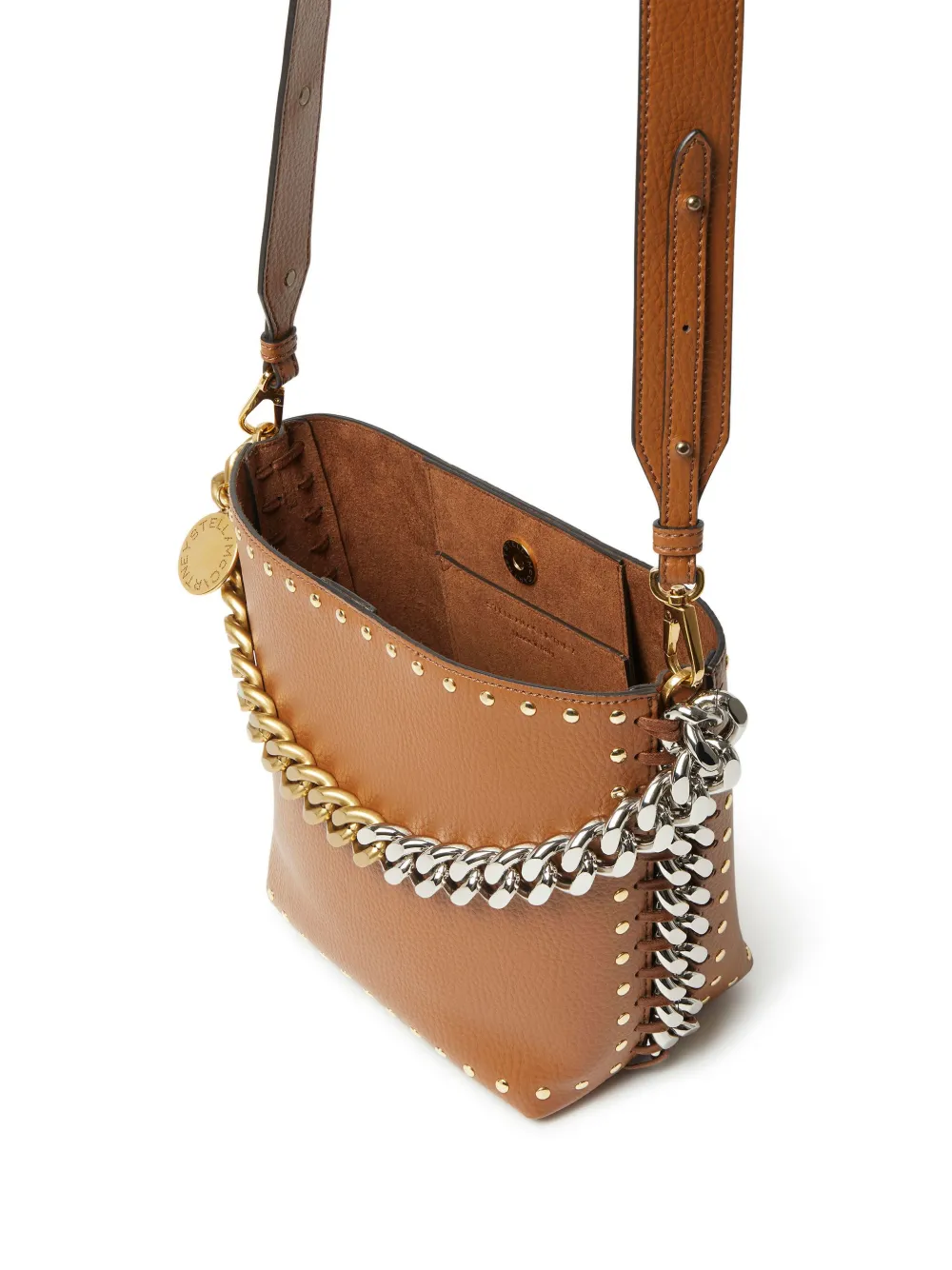 Shop Stella Mccartney Frayme Studded Bucket Bag In Brown