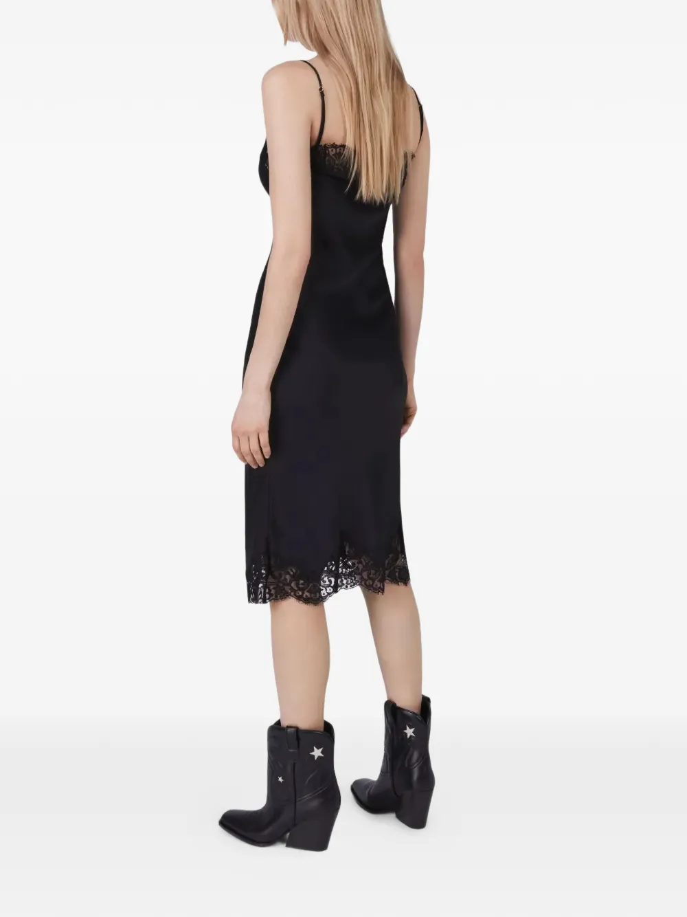 Stella McCartney Sleeveless Lace Satin Midi Dress in Black, view 3
