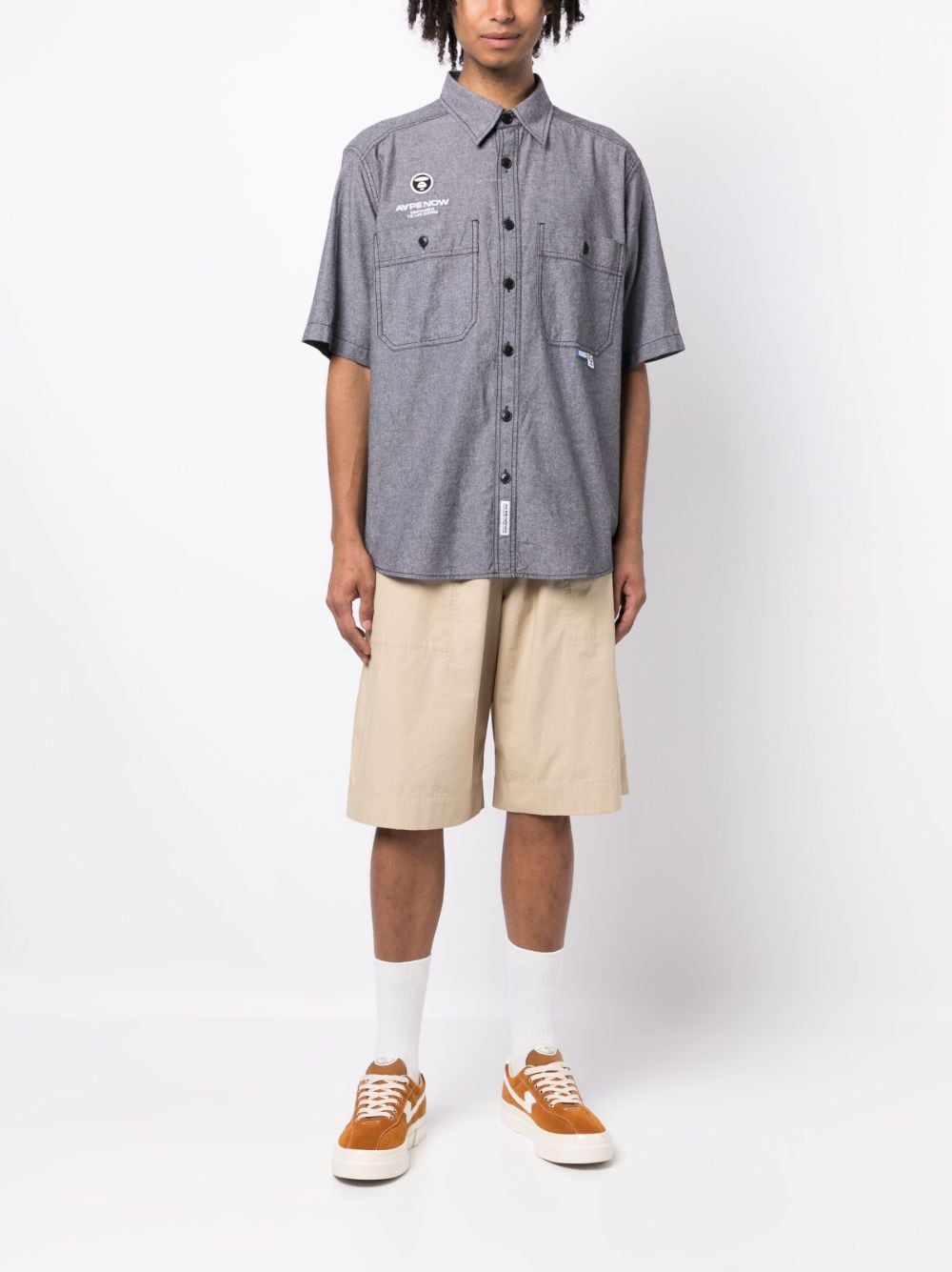 Shop Aape By A Bathing Ape Logo-embroidered Short-sleeve Shirt In Grey