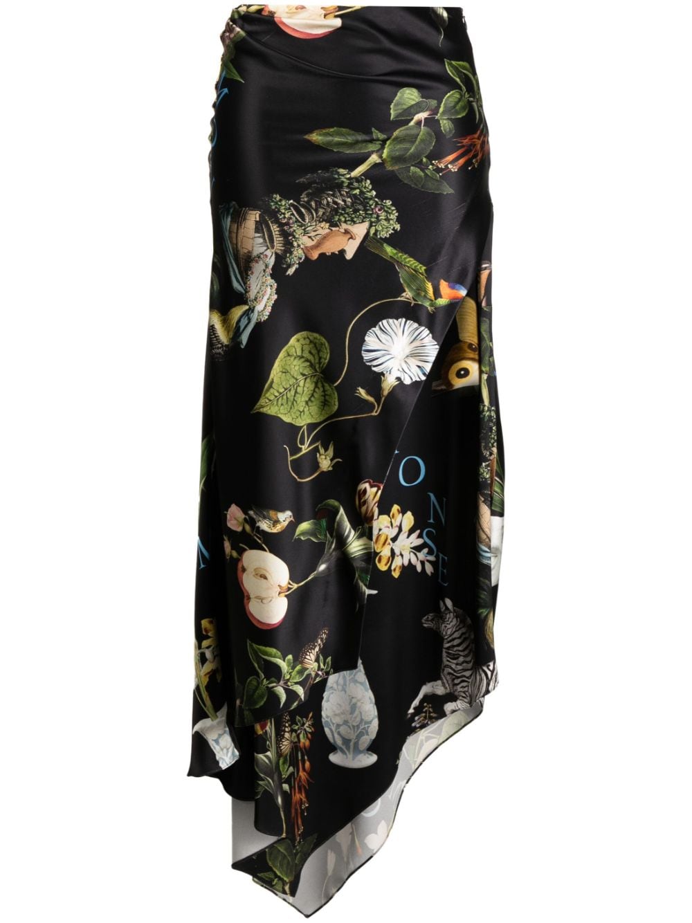 botanical-print satin draped skirt