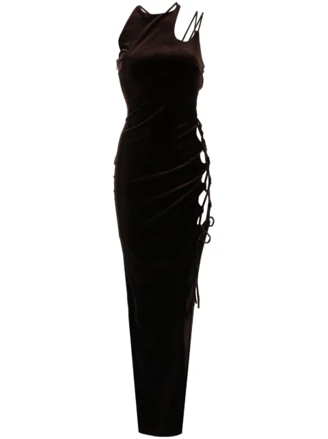 Monse vestido largo de terciopelo con detalle de agujetas