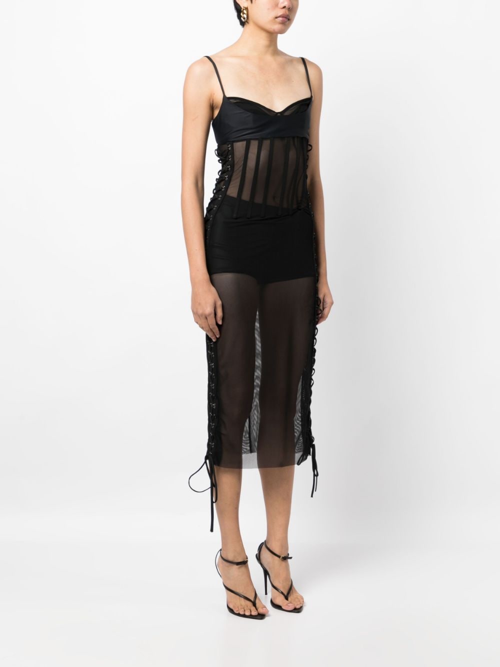 Shop Monse Lace-up Detail Mesh Midi Dress In Black