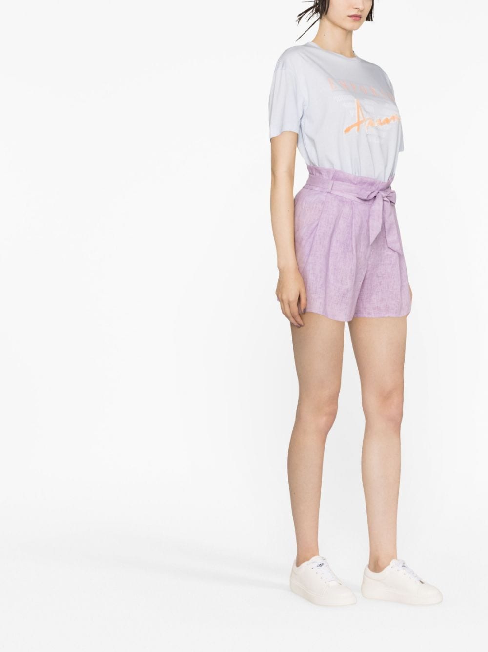 Shop Emporio Armani Paperbag Linen Shorts In Purple