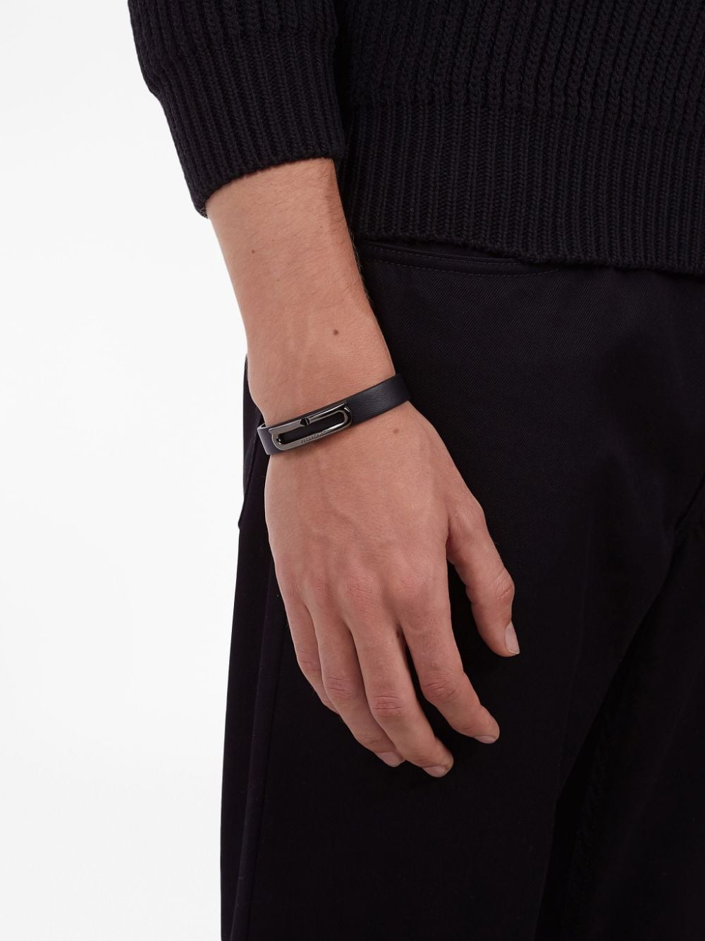 Shop Ferragamo Gancini-plaque Leather Bracelet In Black