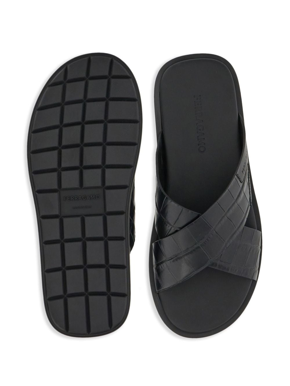 Shop Ferragamo Crossover-strap Leather Slides In Black