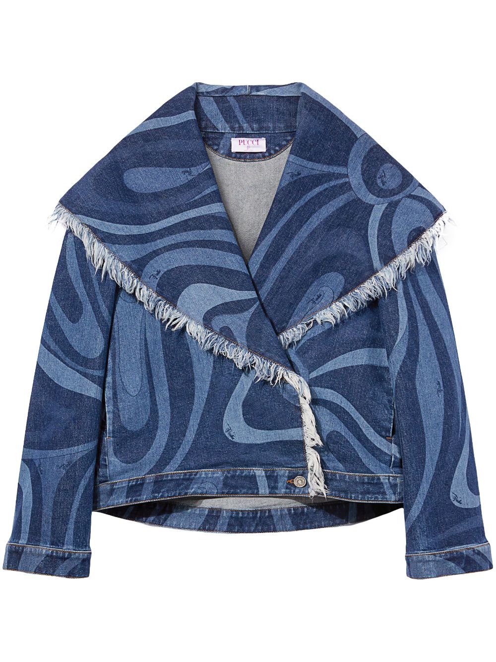Shop Pucci Abstract-print Frayed-edge Denim Jacket In Blue