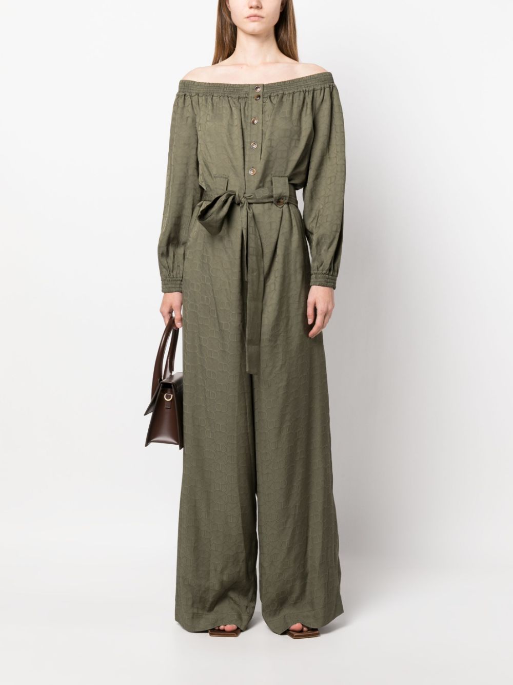 TWINSET monogram-pattern off-shoulder jumpsuit - Groen