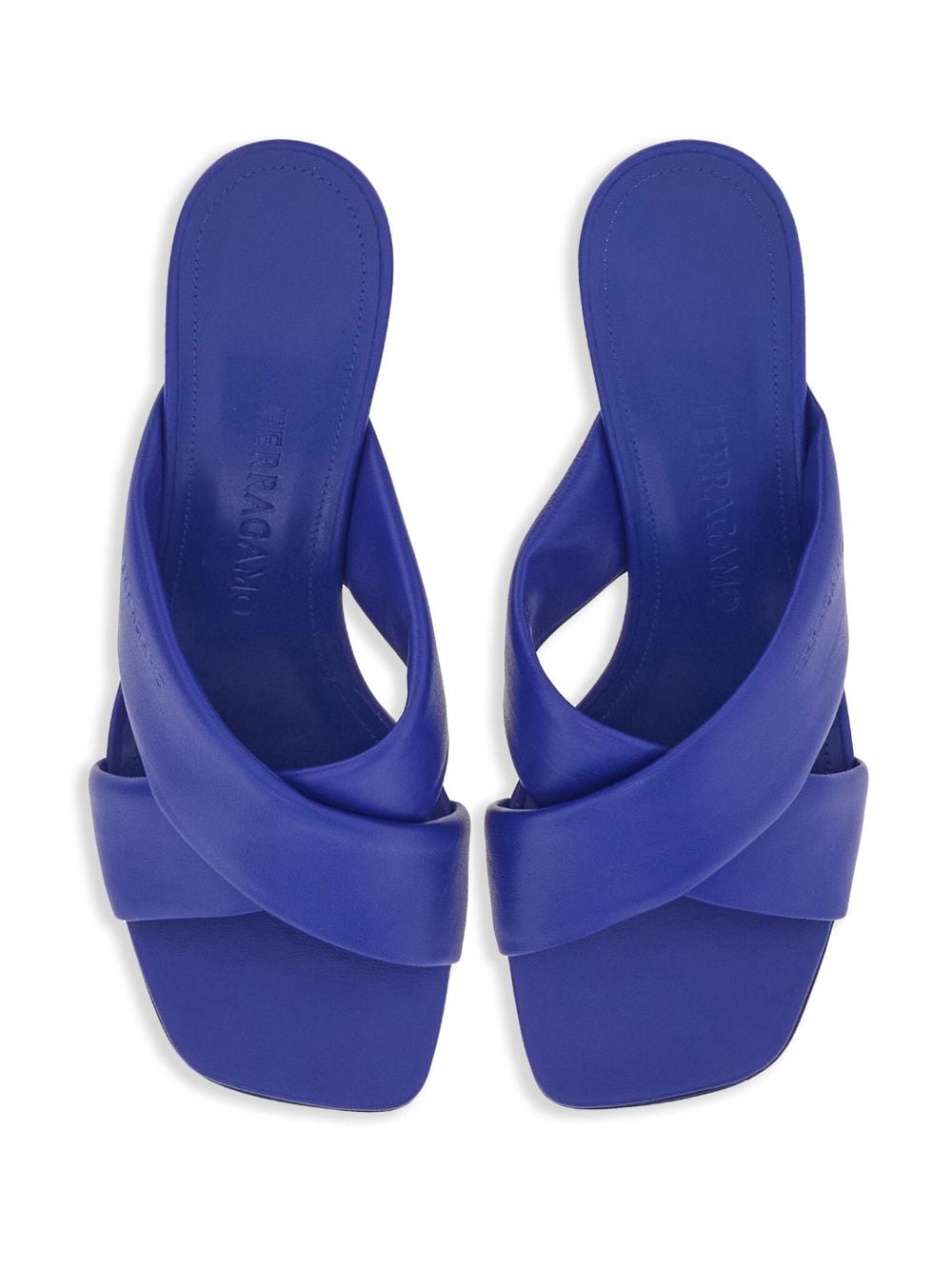 Shop Ferragamo Crossover-strap Lambskin Slides In Blue