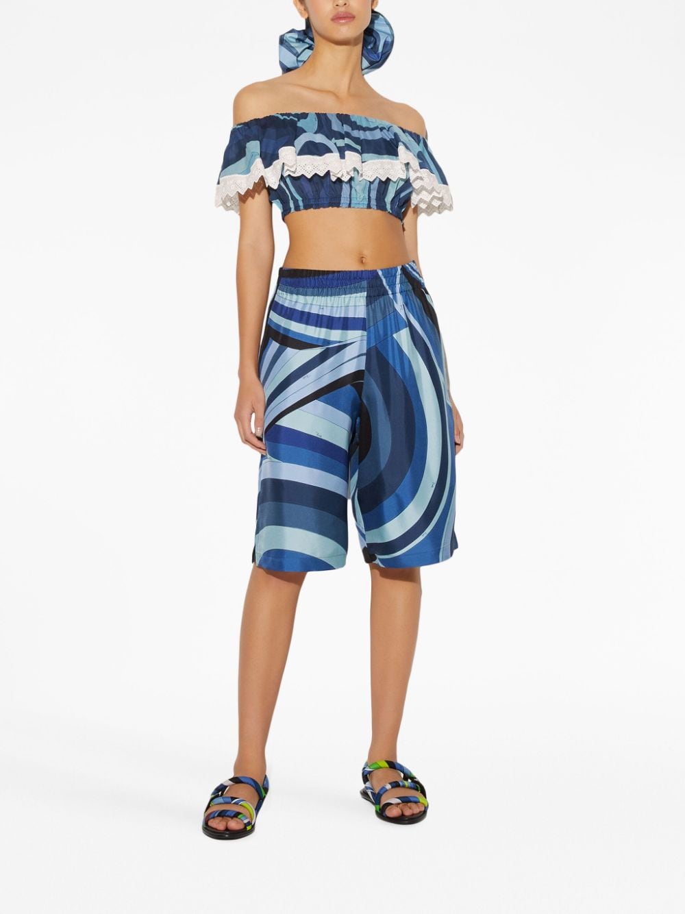 Shop Pucci Wave-print Ruffle-detailing Top In Blue