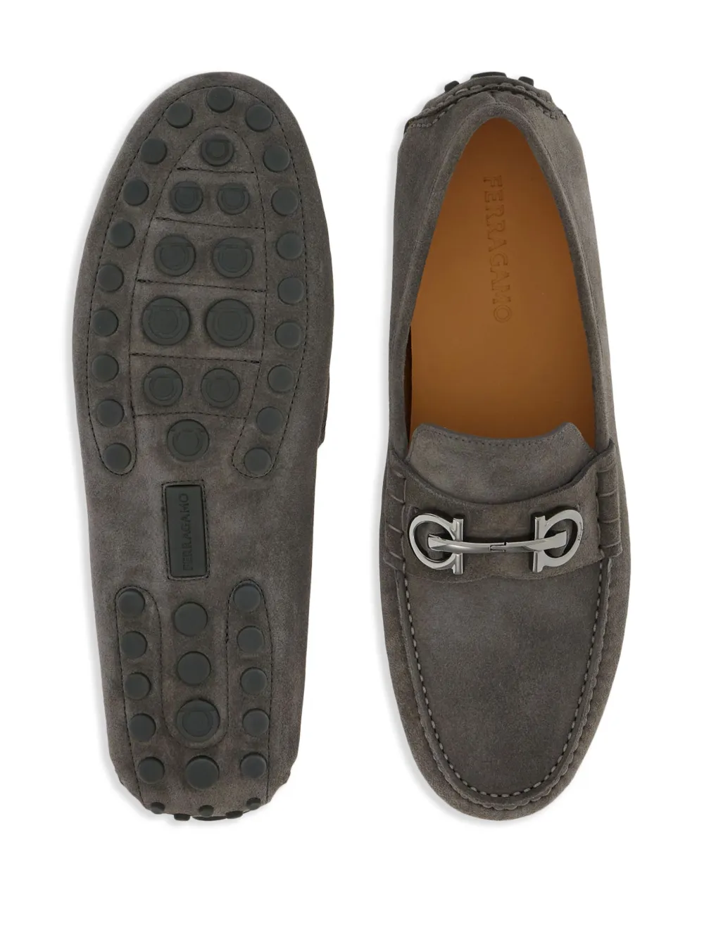 Ferragamo Gancini-plaque Leather Loafers In Grau
