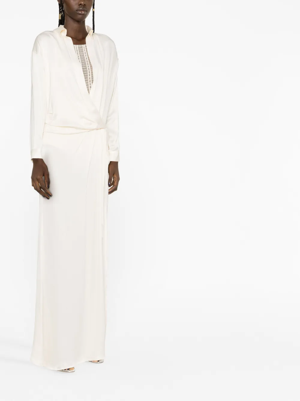 Elisabetta Franchi Embroidered-bodysuit Silk Wrap Gown In Neutrals