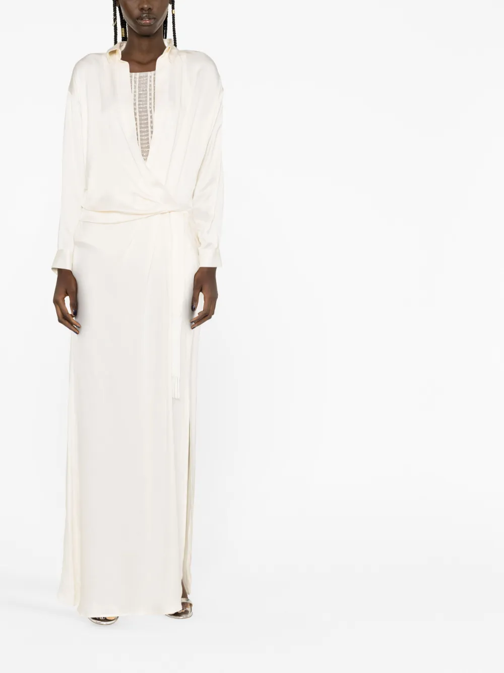 Elisabetta Franchi embroidered-bodysuit silk wrap gown - Beige