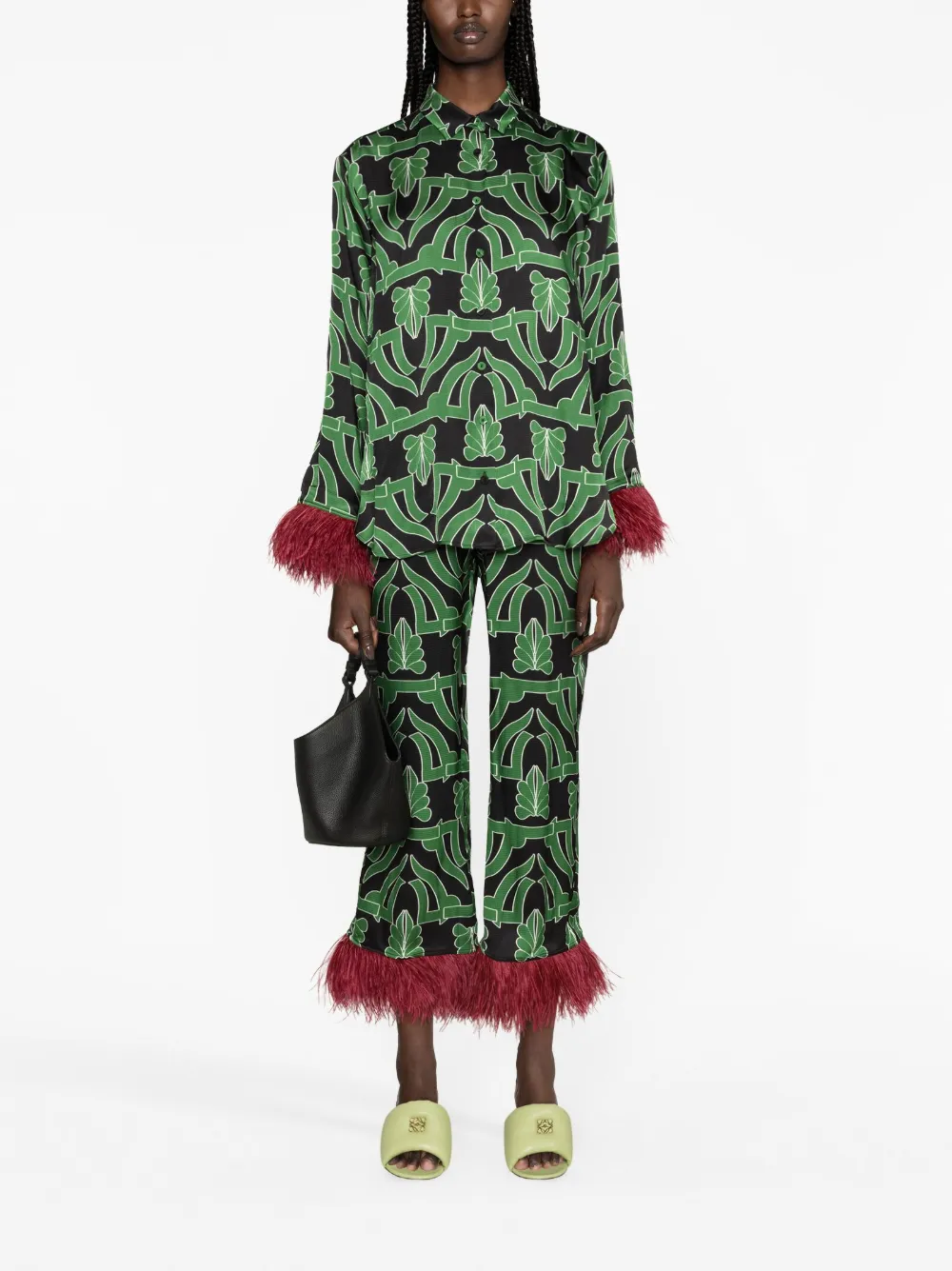 Borgo De Nor Haven geometric-print feather-trim trousers - Zwart