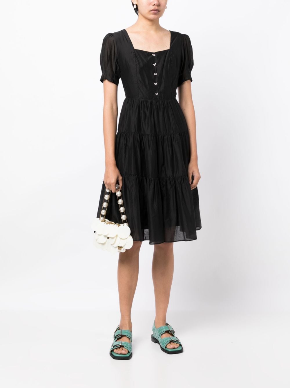 Shop Tout A Coup Butterfly-buttoned Tiered Dress In Black