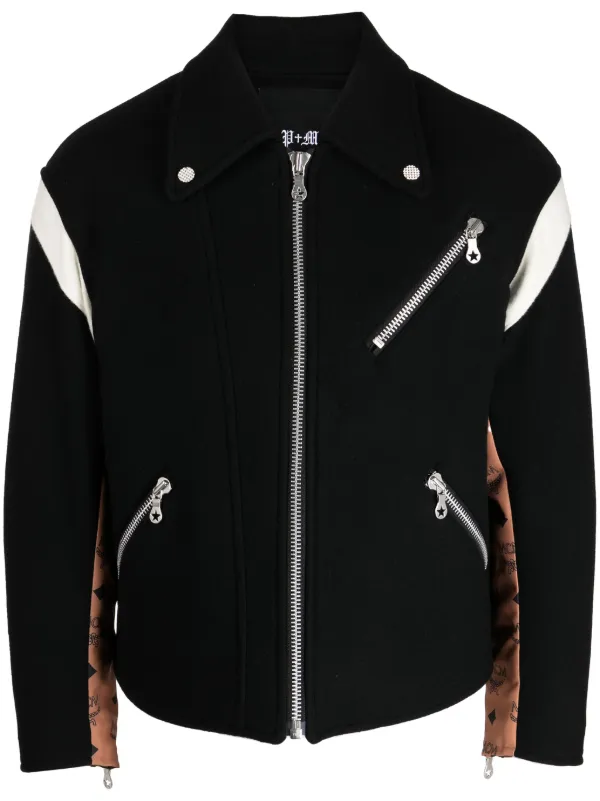 monogram printed leather biker jacket