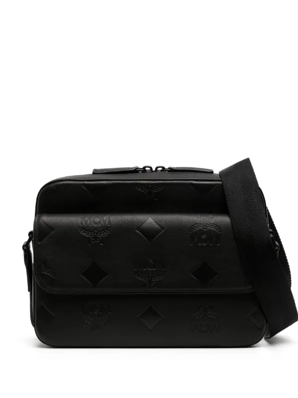 Mcm Monogram Leather Messenger Bag - Black