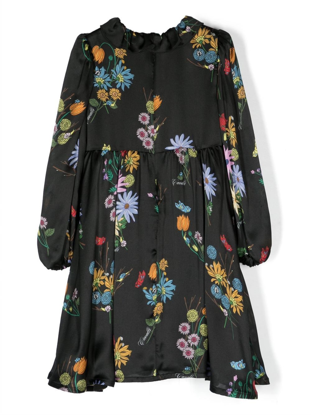 Shop Roberto Cavalli Junior Floral-print Long-sleeve Dress In Black