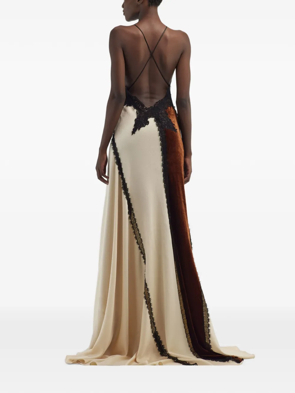 Roberto Cavalli lace-trim panelled A-line maxi gown dress Beige