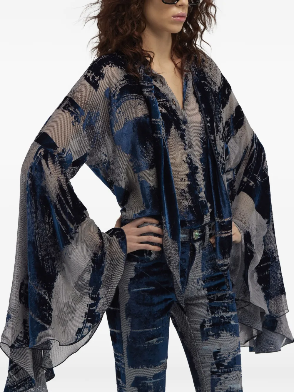 Roberto Cavalli Blouse met strikkraag en devoré-effect Blauw
