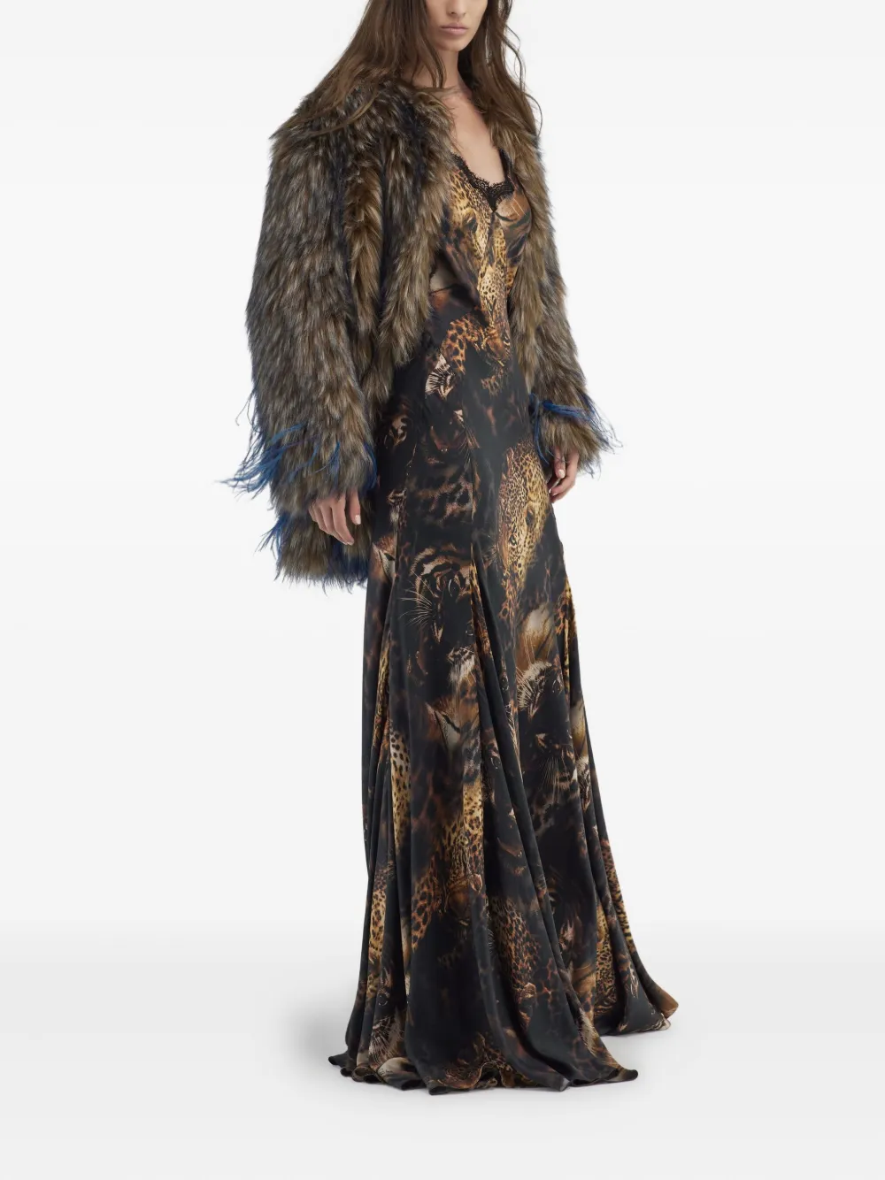 Roberto Cavalli Feather-effect Coat In Grey